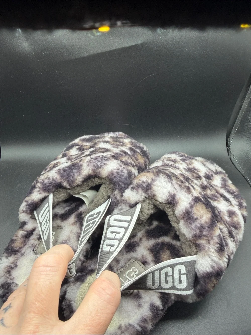 UGG Faux Fur Leopard Print Slide Slippers - Gray/Black